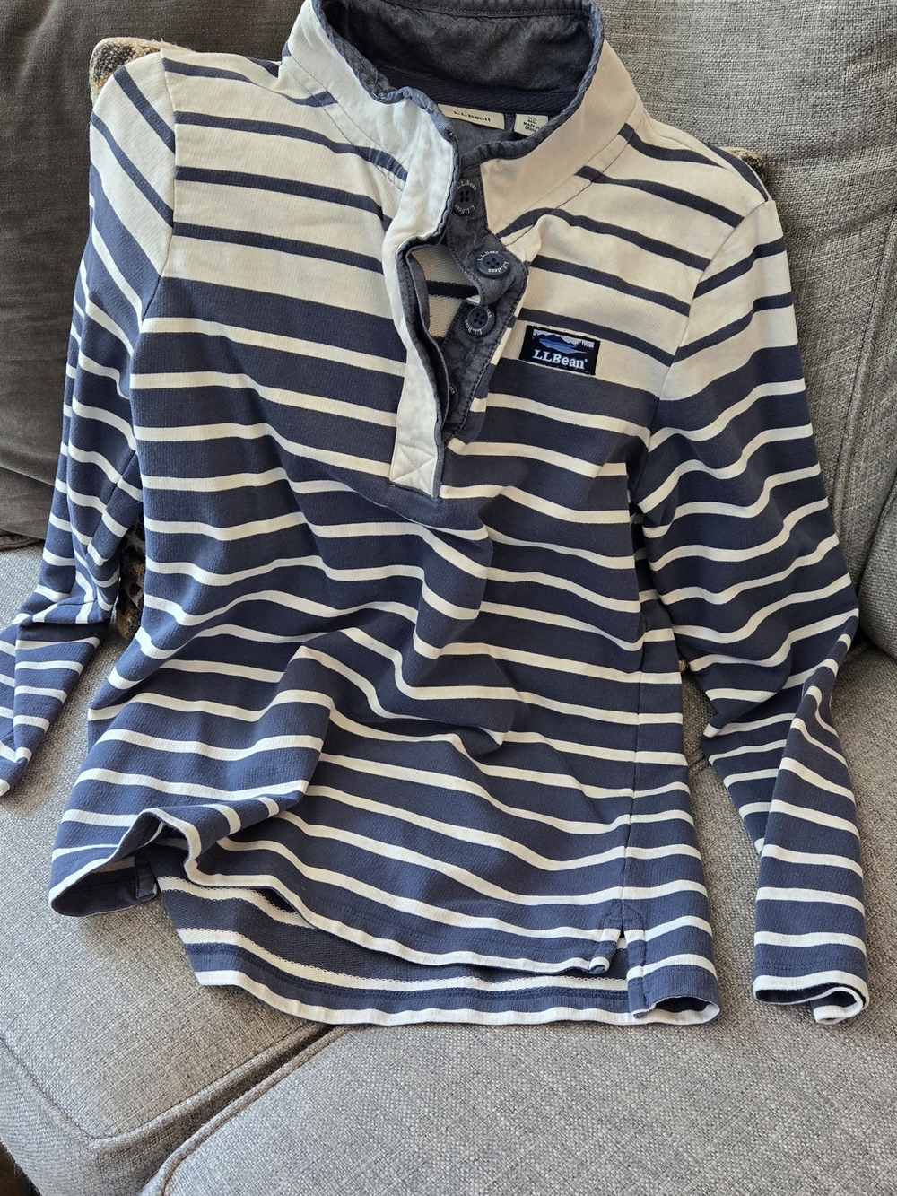 L.L. Bean Navy and White Striped Button-Neck Pullover